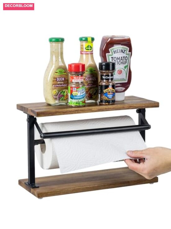 Other - Acacia Wood Paper Towel Holder with Top Shelf and Matte Black Metal Frame